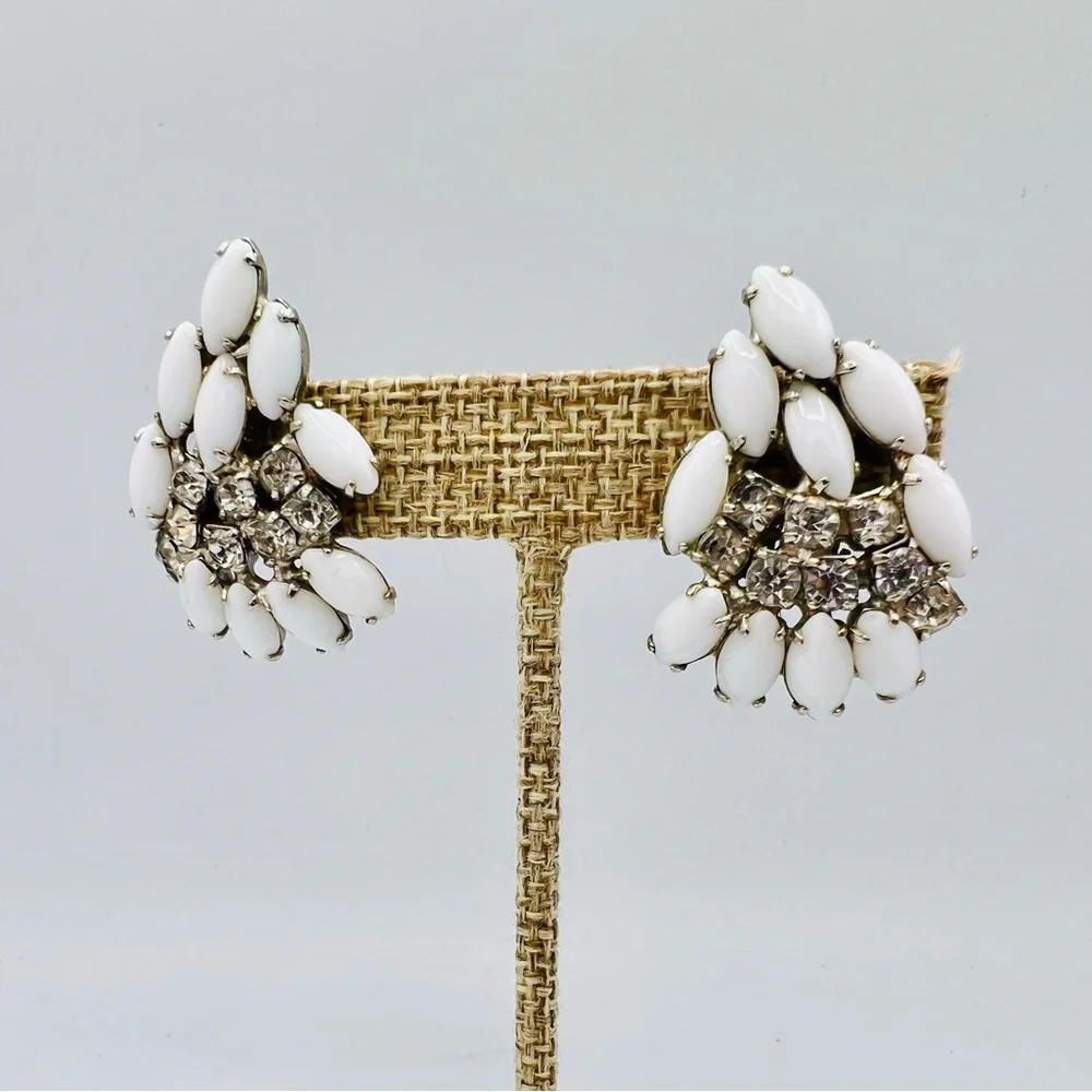 Vintage white glass rhinestone clip on earrings climbers milkglass